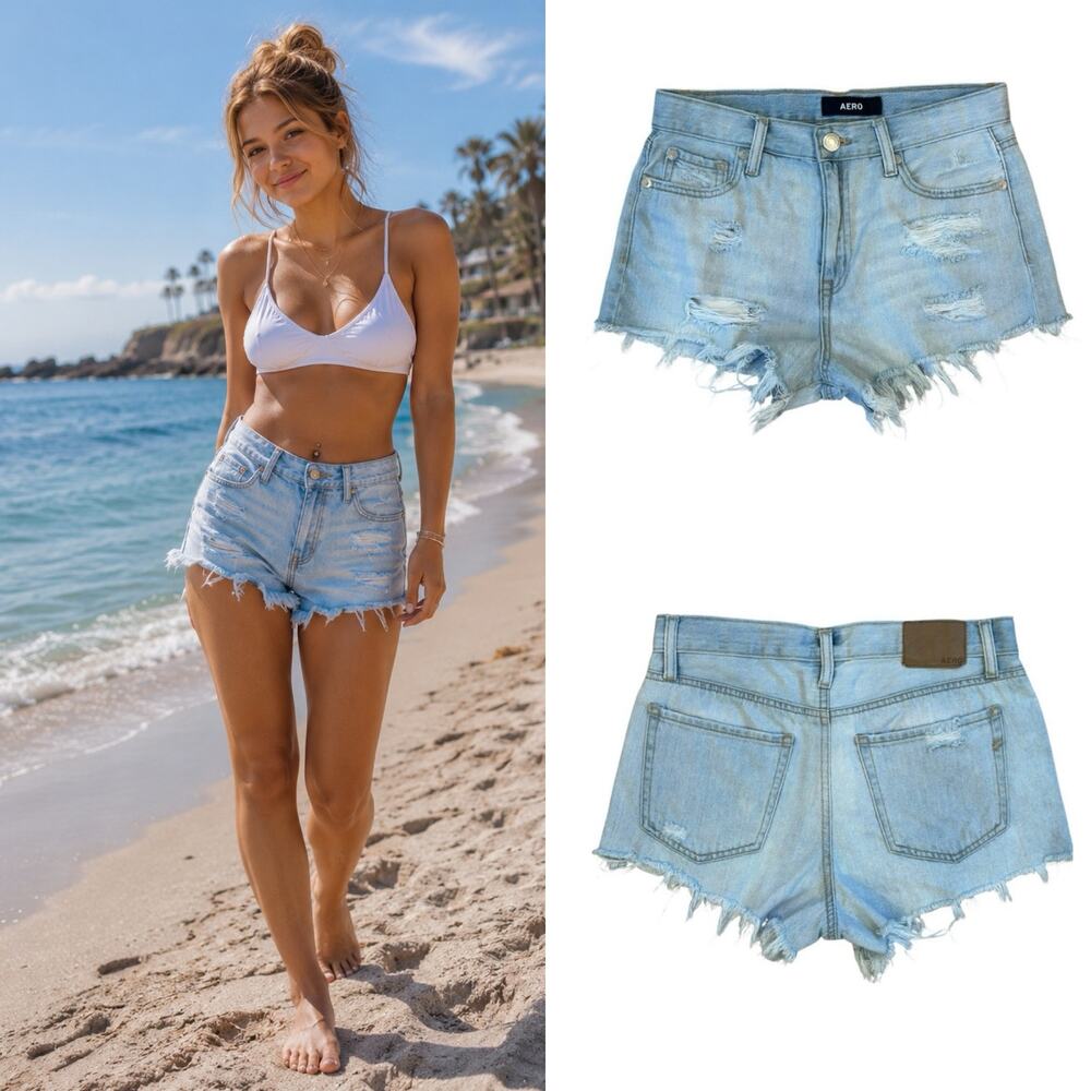 AERO Size 2 Light Wash Cut Off Denim Shorts 100% Cotton Summer Casual